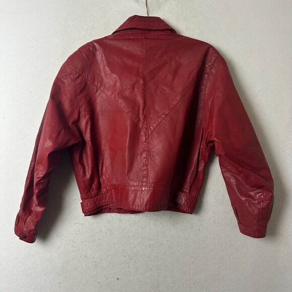 Leather Jacket size 6-8 EU 38 Red Cropped Motorcycle Retro Rock VTG 1980's Coat - Picture 4 of 5